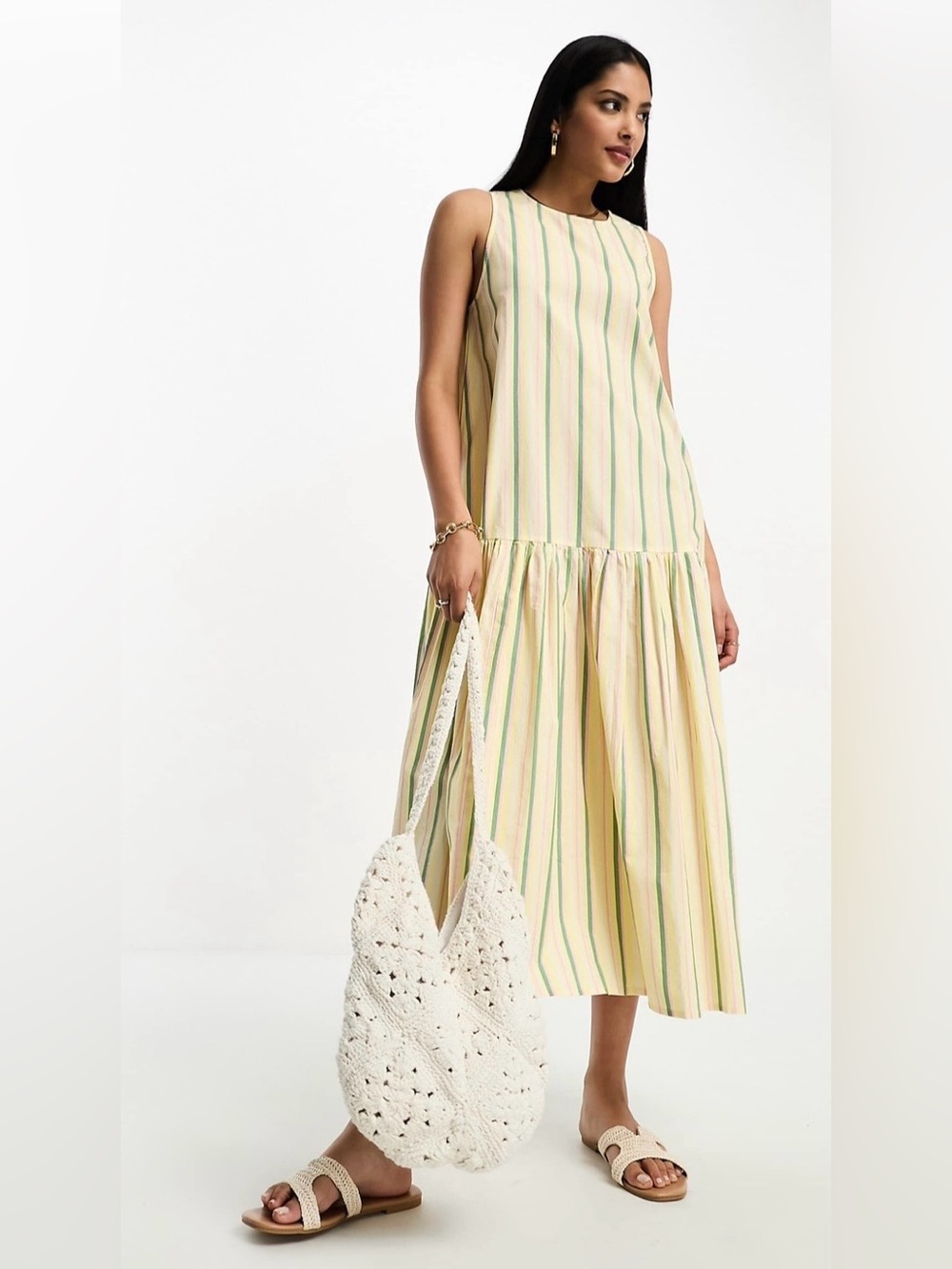 Size 6 ASOS Pale Yellow Sleeveless Tiered Sundress - Green & Pink Stripes (ABBA)